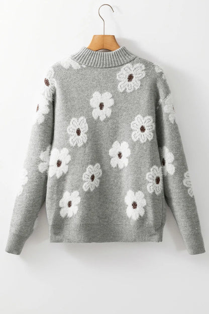 Gray Floral Pattern Half Zip Drop Shoulder Sweater - Chic Meadow Boutique 