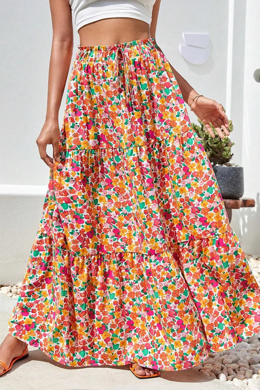 Yellow Boho Floral Print Tiered Long Skirt - Chic Meadow Boutique 