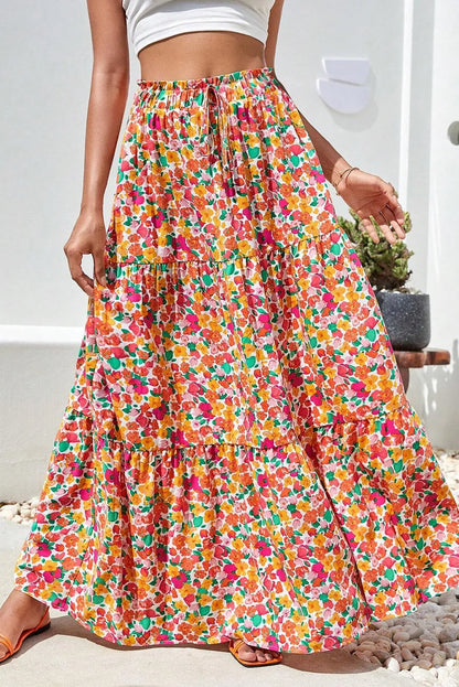 Yellow Boho Floral Print Tiered Long Skirt - Chic Meadow Boutique 