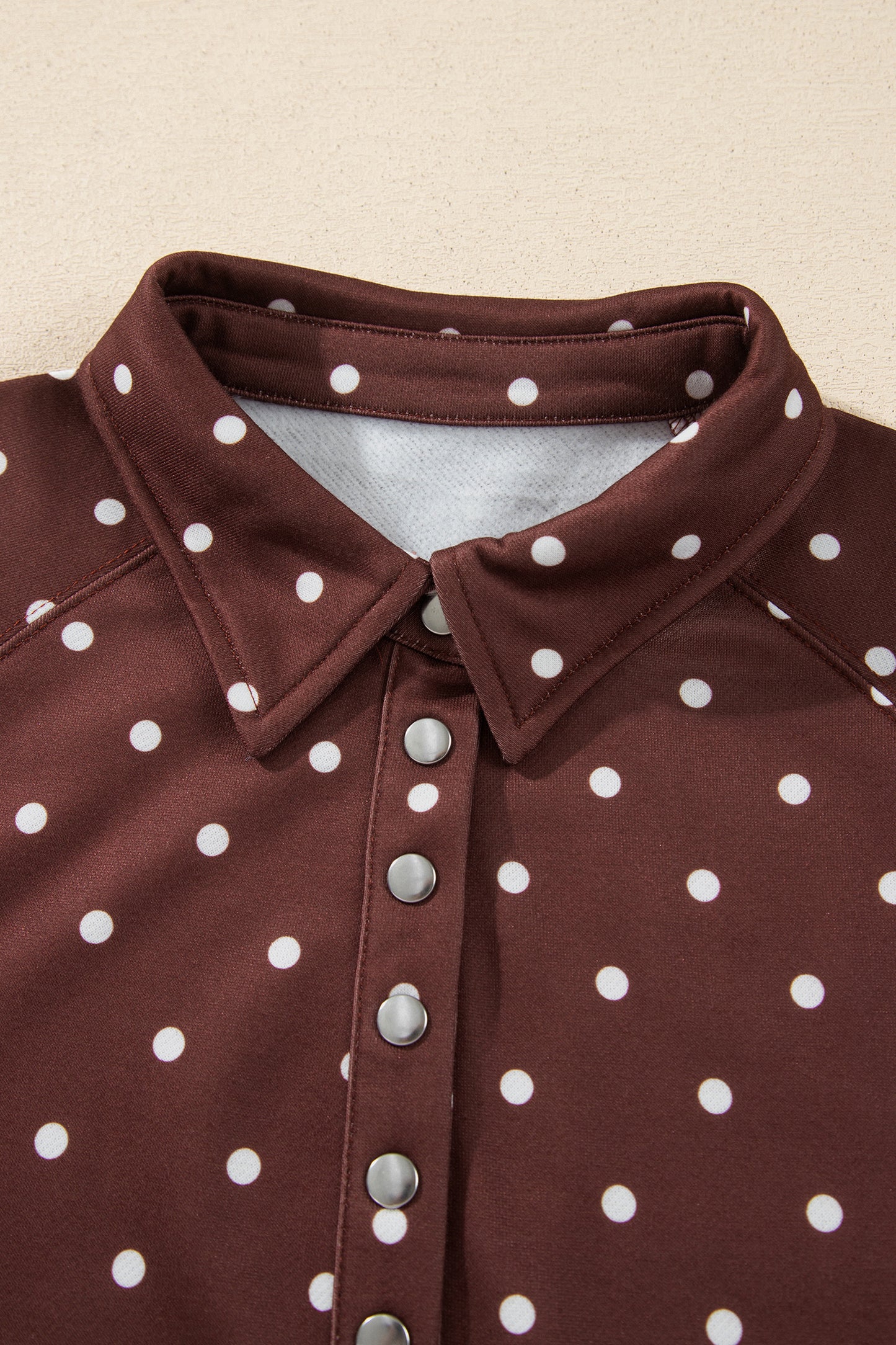 Brown Polka Dot Print Metal Button Collar Casual Pullover Sweatshirt