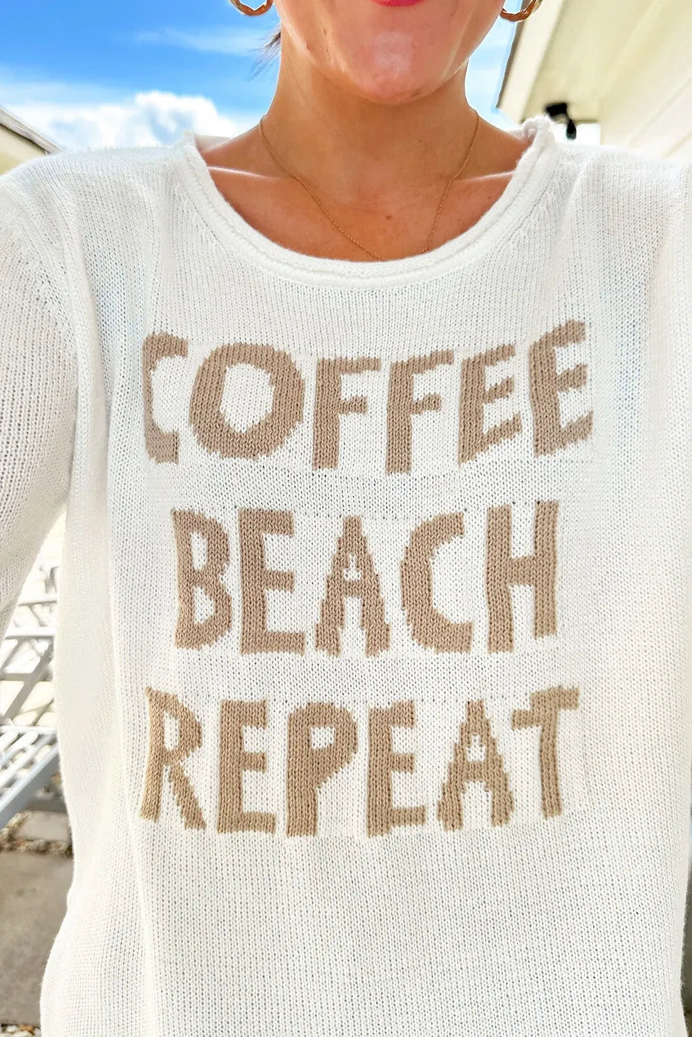 White COFFEE BEACH REPEAT Graphic Sweater - Chic Meadow Boutique 