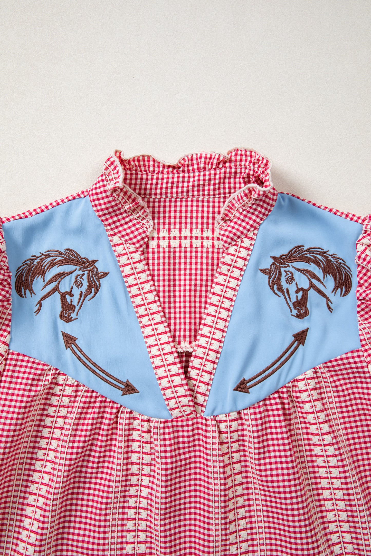 Red Western Pony Embroidered Yoke Puff Sleeve Gingham Blouse