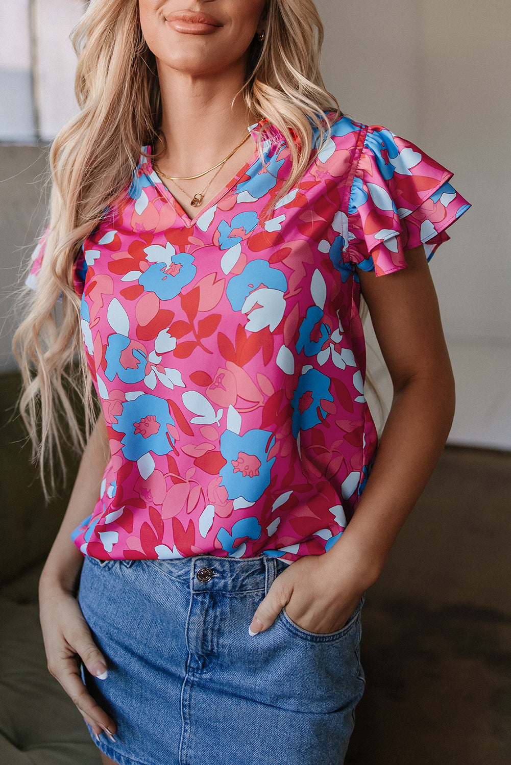 Rose Red Ruffled Sleeve Floral Blouse