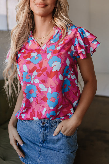 Rose Red Ruffled Sleeve Floral Blouse