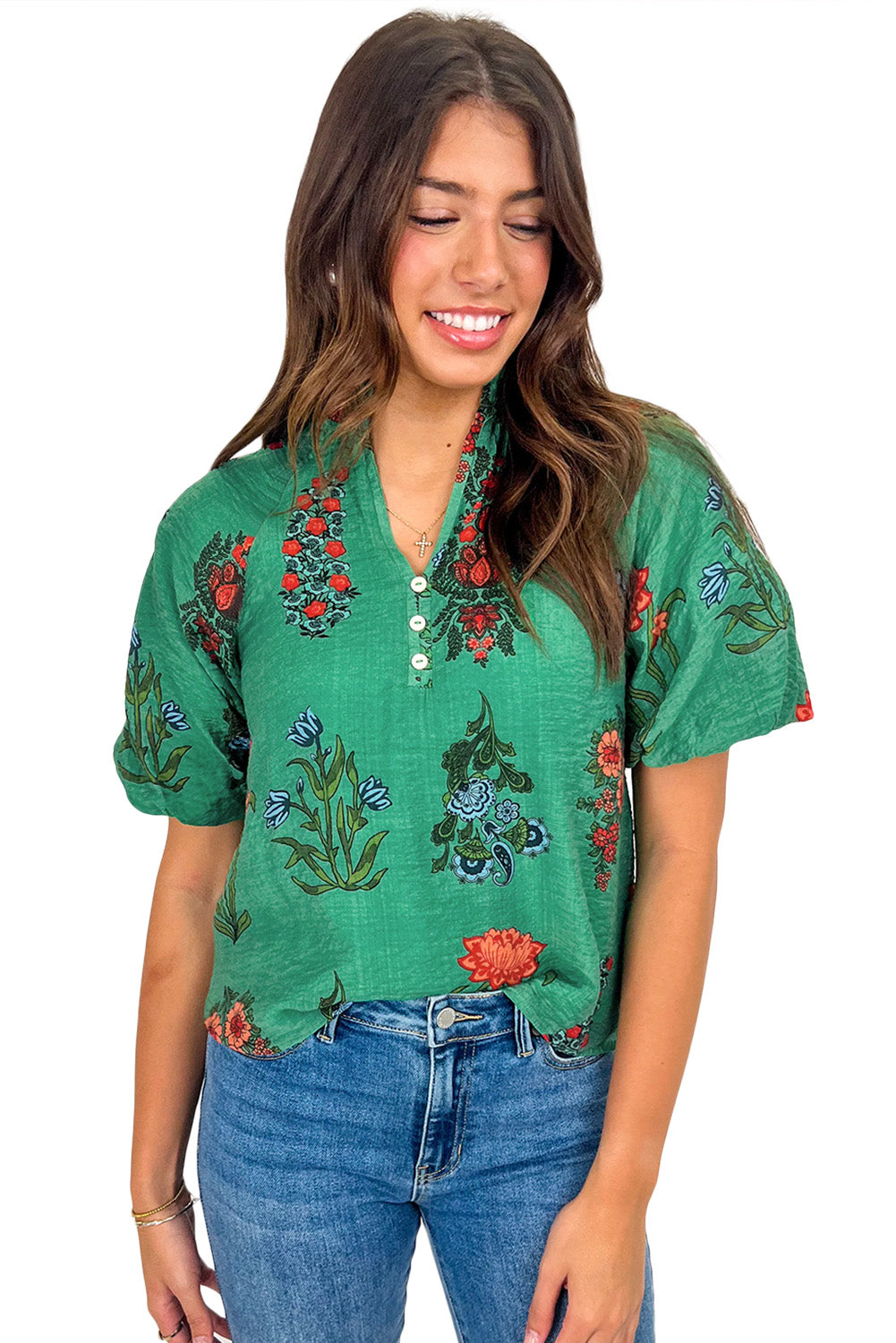 Bright Green Floral Print Buttoned V Neck Short Sleeve Blouse