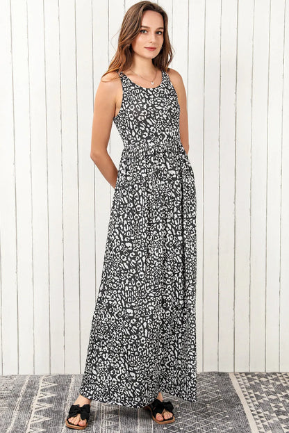 Gray Leopard Print Pocketed Sleeveless Maxi Dress - Chic Meadow Boutique 