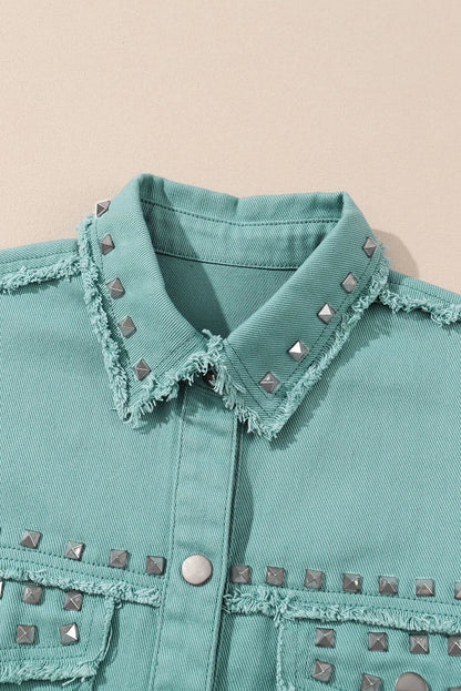 Outerwear/Denim jackets Mist Green Frayed Trim Riveted Denim Jacket