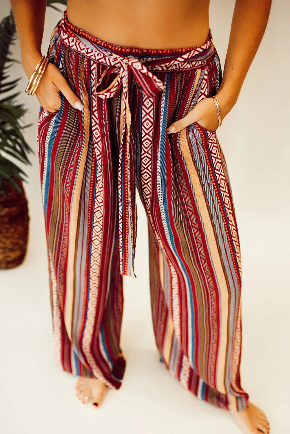 Red Boho Ethnic Striped Print Tie Waist Wide Leg Pants - Chic Meadow Boutique 