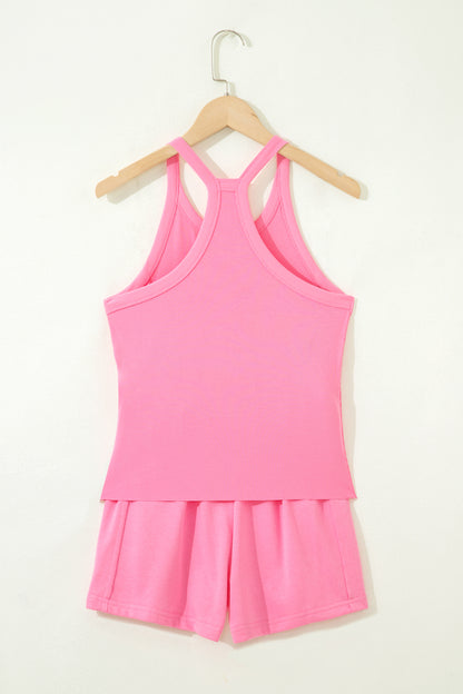 Sachet Pink Slim Tank Top Elastic High Waist Shorts 2pcs Outfit
