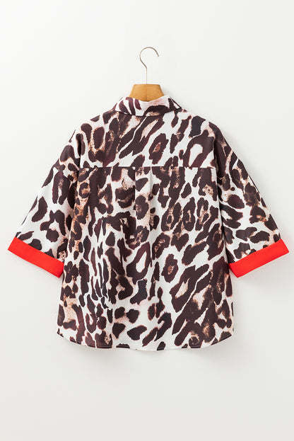 Dark Brown Contrast Trim Patchwork Leopard Print Half Sleeve Shirt