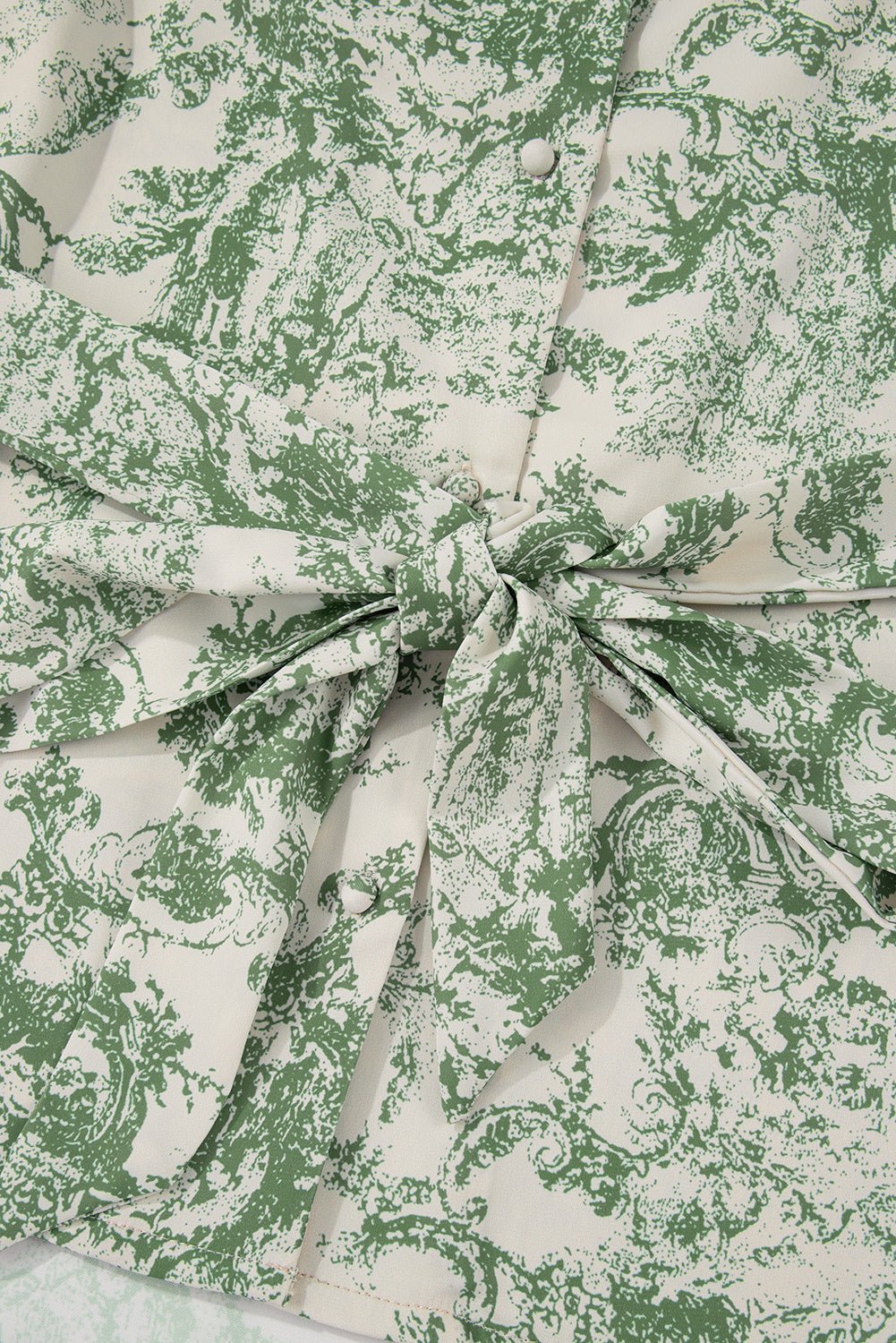 Green Landscape Print Tied 3/4 Sleeve Shirt with Sash