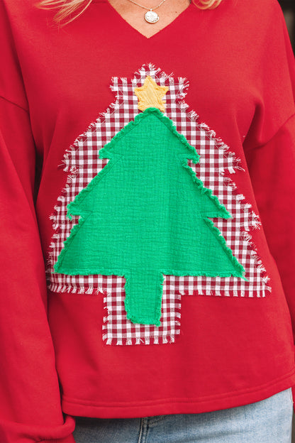 Fiery Red Plaid Frayed Double Christmas Tree Patched Drop Shoulder Sweatshirt