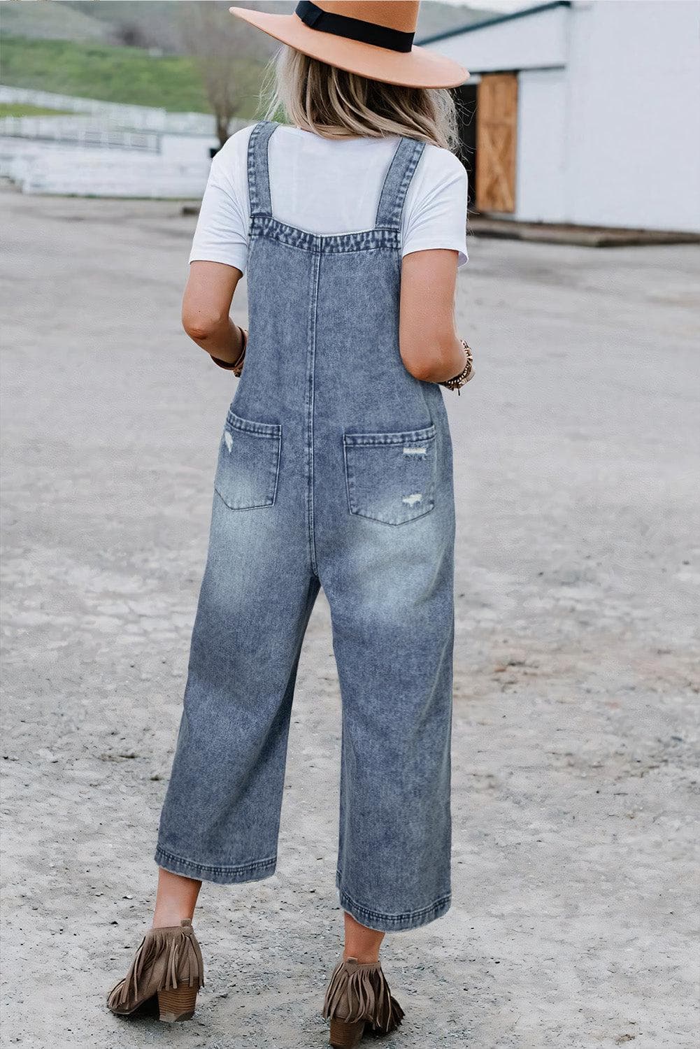 Bottoms/Jumpsuits & Rompers Stone Blue Distressed Bib Pocket Wide Leg Denim Overall