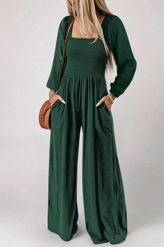 Bottoms/Jumpsuits & Rompers Green / S / 100%Polyester Green Smocked Square Neck Long Sleeve Wide Leg Jumpsuit