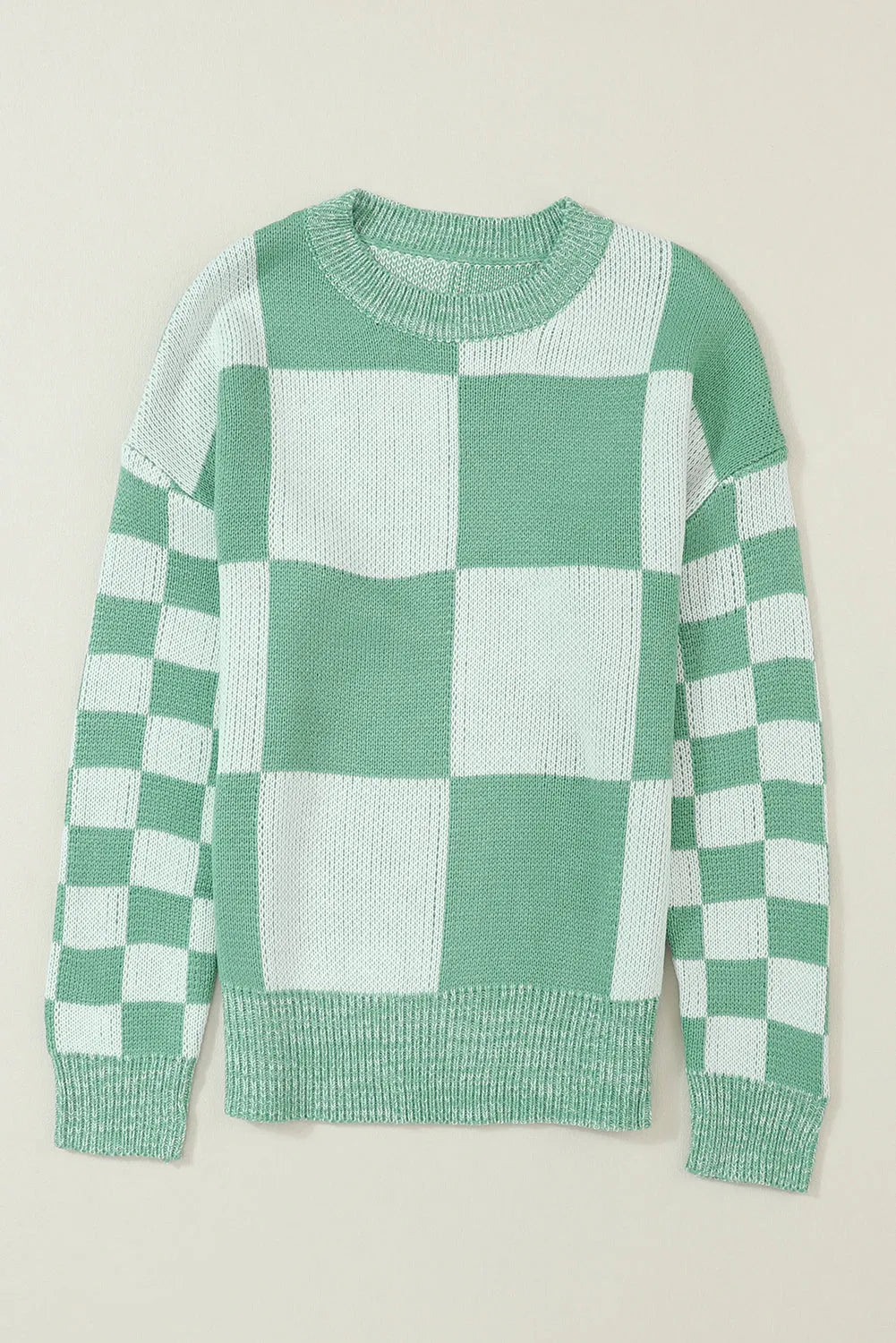 Mint Green Checkered Print Drop Shoulder Sweater - Chic Meadow Boutique 