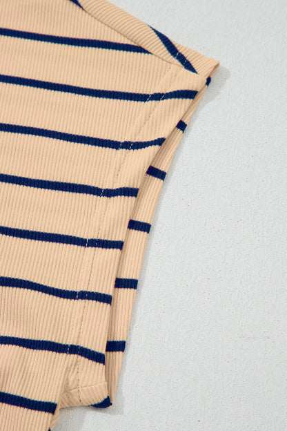 Khaki Stripe Mock Neck Short Sleeve Loose Top