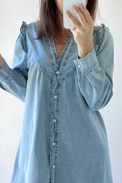 Myosotis Ruffled V Neck Buttoned Shift Denim Dress - Chic Meadow Boutique 