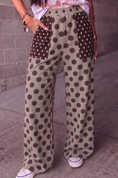 Brown Contrast Polka Dot Patch Pocket Elastic Waist Shift Pants