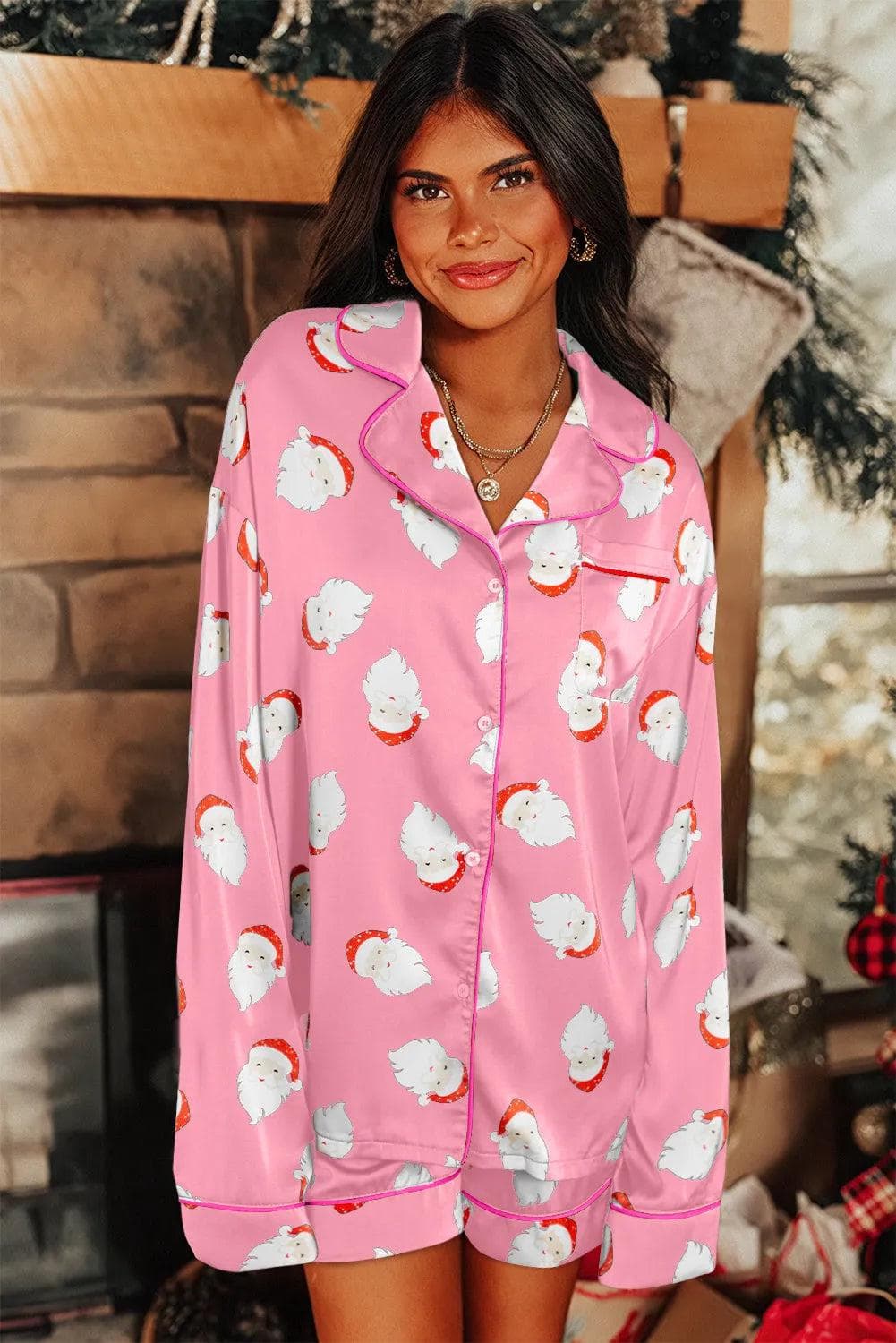 Loungewear & Sleepwear/Sleepwear Pink Christmas Santa Claus Print Satin Shirt and Shorts Set