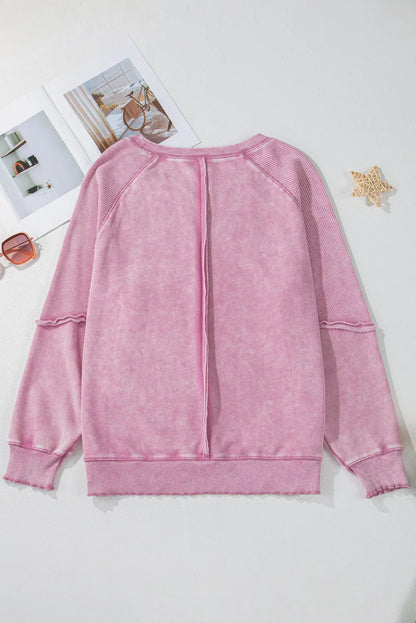 Pink Solid Waffle Knit Patchwork Raglan Sleeve Sweatshirt - Chic Meadow Boutique 