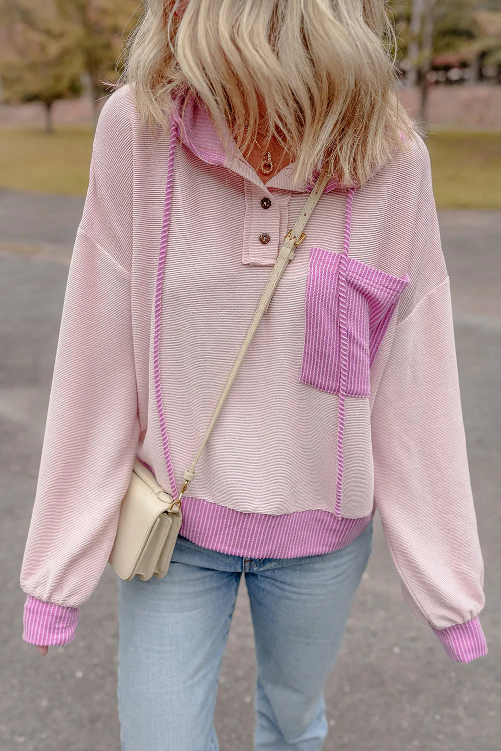 Light Pink Corded Colorblock Patch Pocket Drawstring Hoodie - Chic Meadow Boutique 