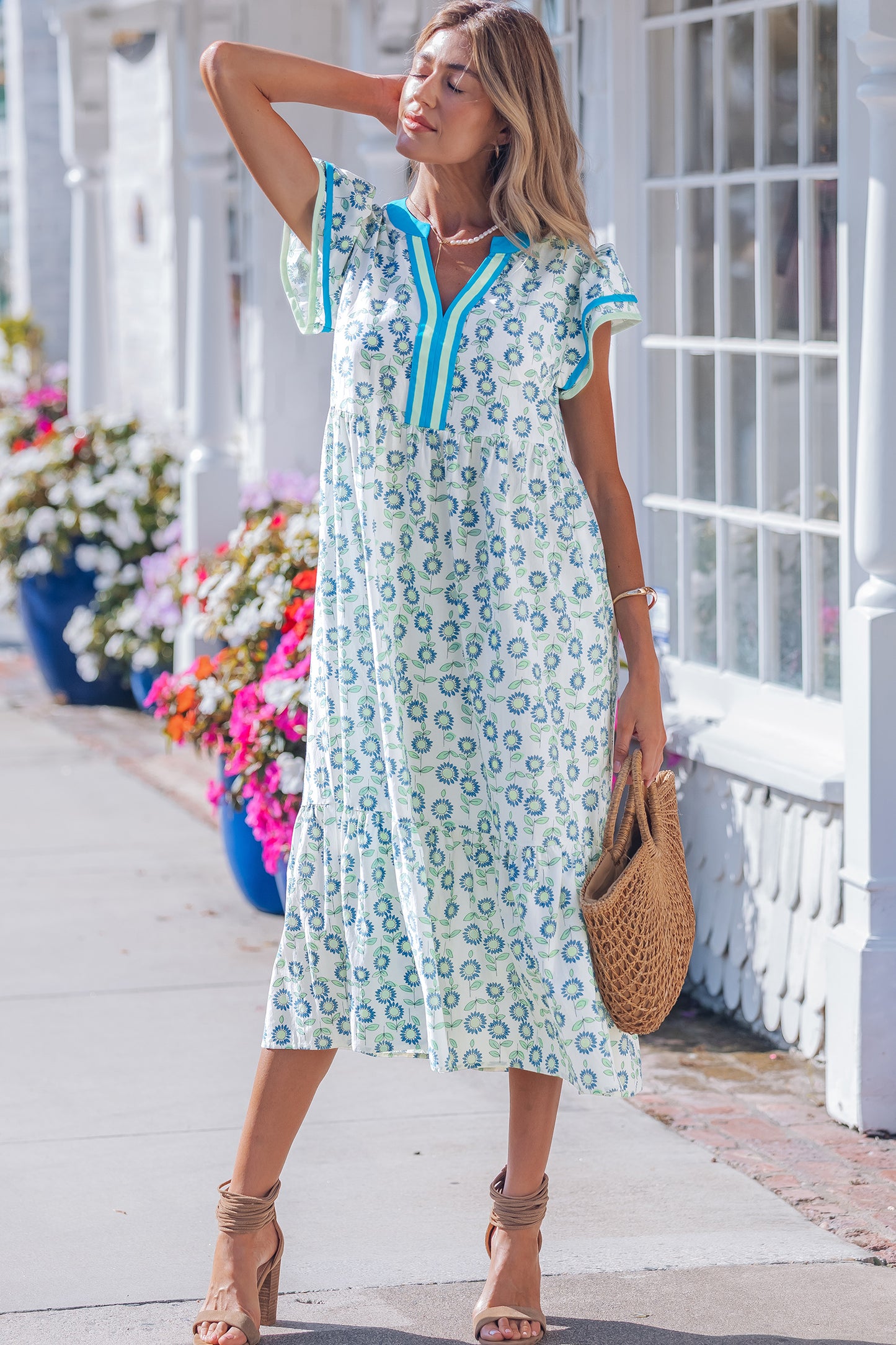 Sky Blue Cute Sunflower Printed Striped Patchwork Trim Flutter Sleeve Long Dress