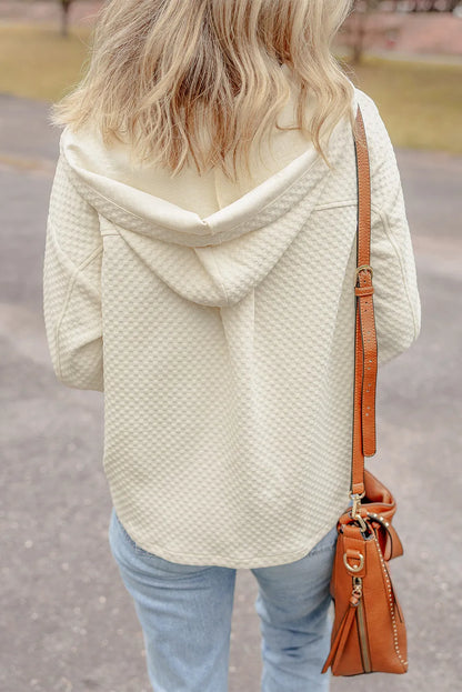 Apricot Textured Buttoned Neckline Side Pockets Hoodie - Chic Meadow Boutique 