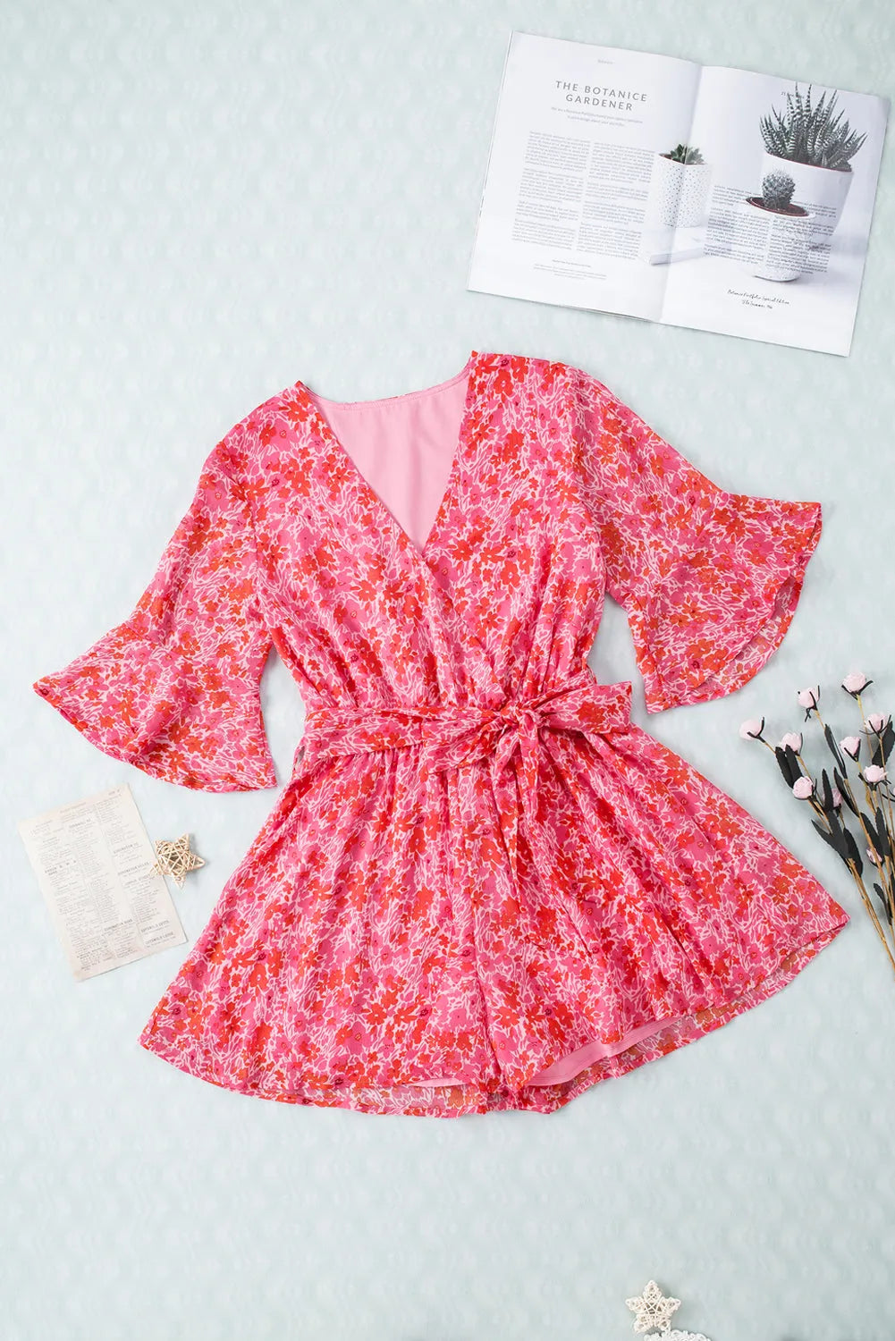 Pink V Neck Ruffled Sleeve Floral Romper - Chic Meadow Boutique 