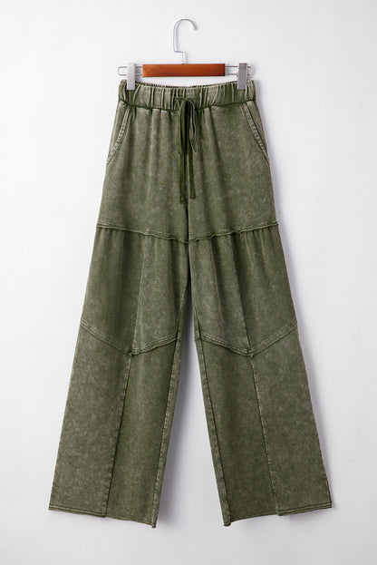Vineyard Green Mineral Wash Tiered Wide Leg Patchwork Drawstring Pants