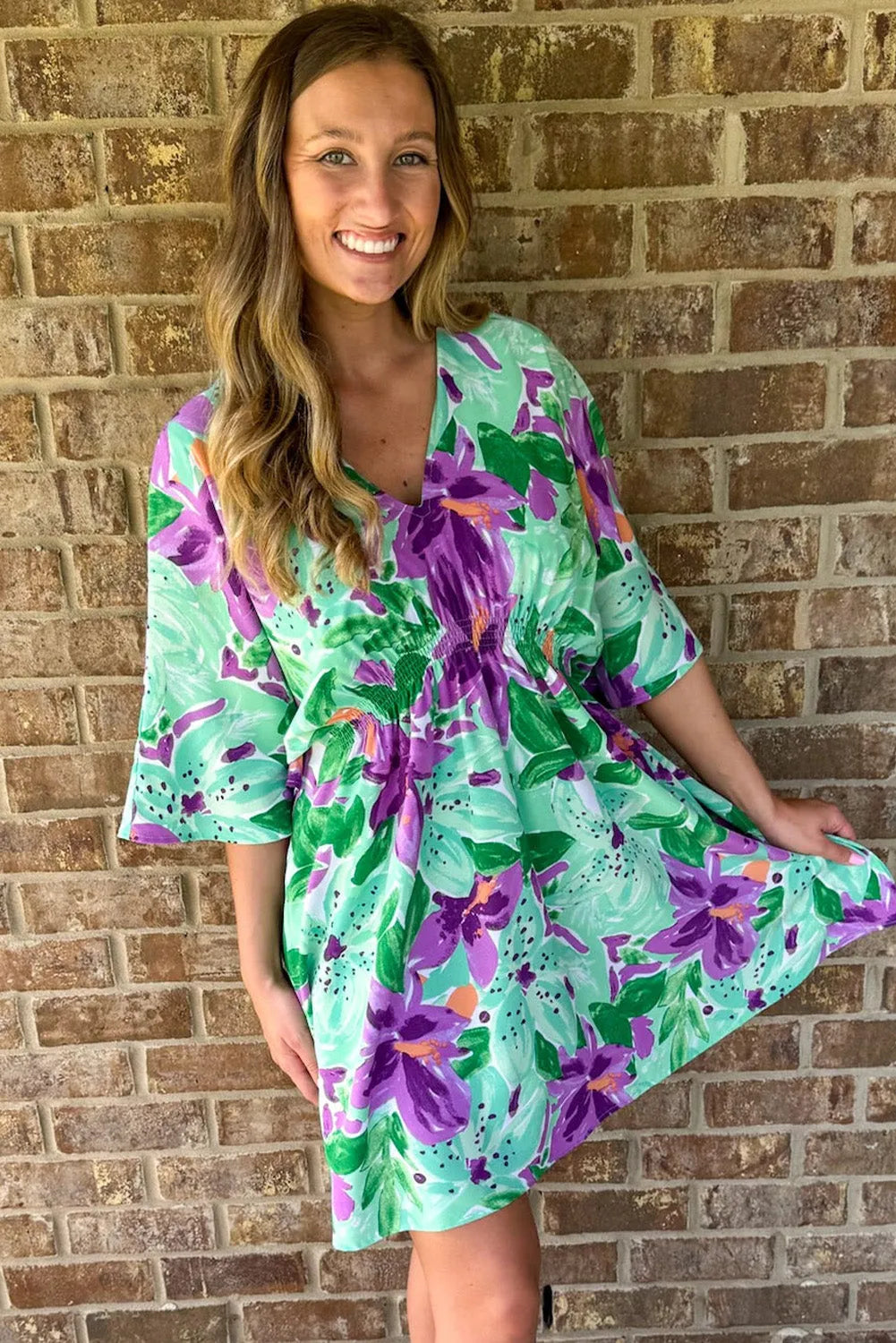 Dresses/Floral Dresses Green Boho Floral Half Sleeve V Neck Shirred Waist Mini Dress