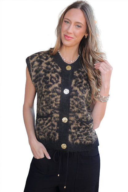 Black Leopard Print Knit Sleeveless Regular Wash Sweater Vest