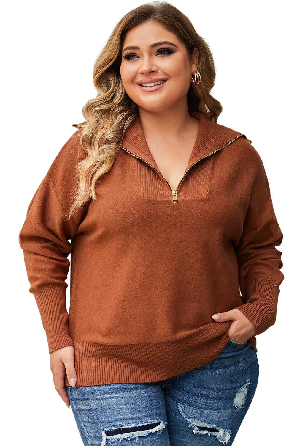 Brown Solid Ribbed Trim Plus Size Zip Collar Sweater - Chic Meadow Boutique 