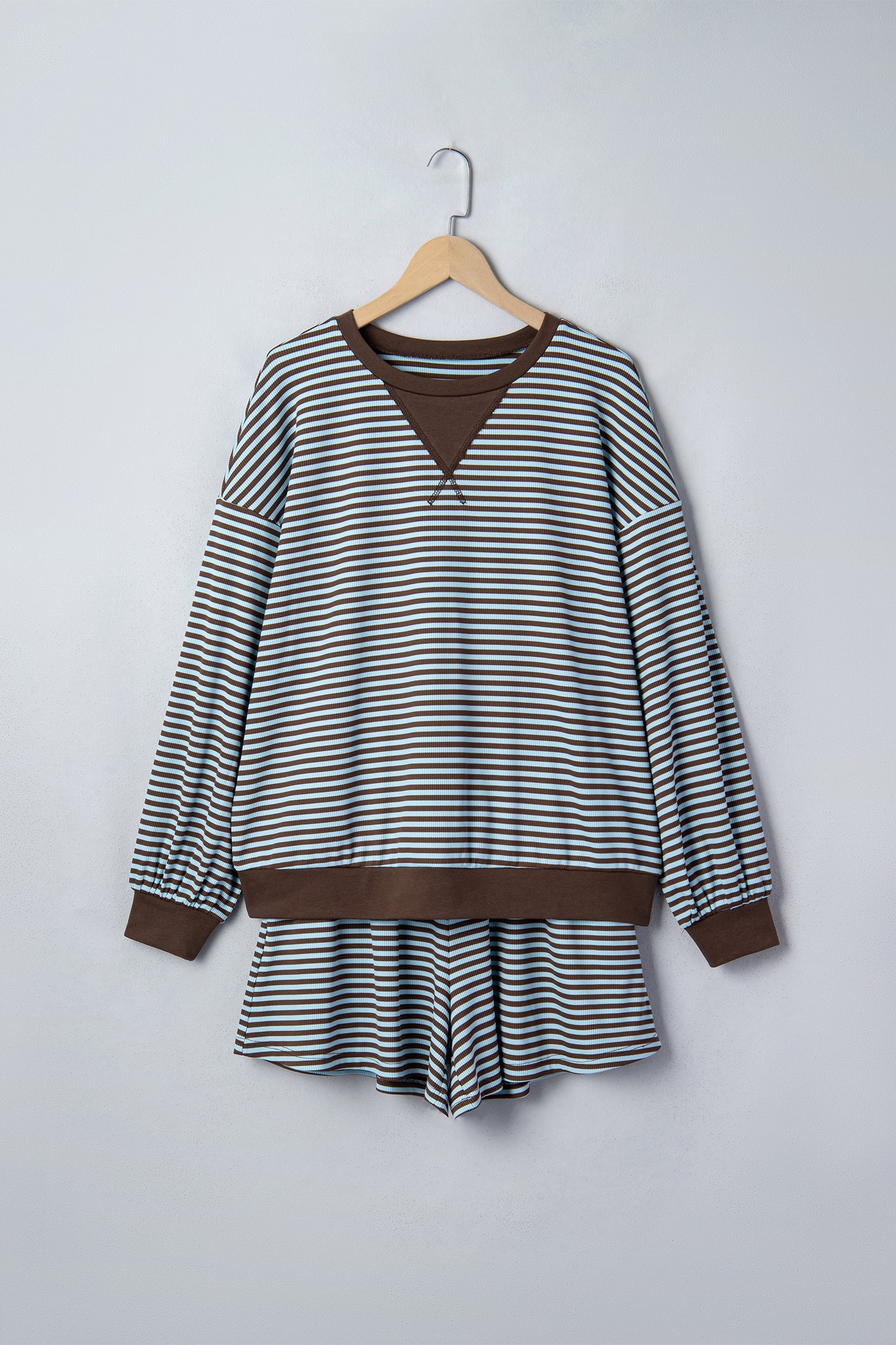 Brown Stripe Oversized Long Sleeve Top Drawstring Loose Shorts 2pcs Set