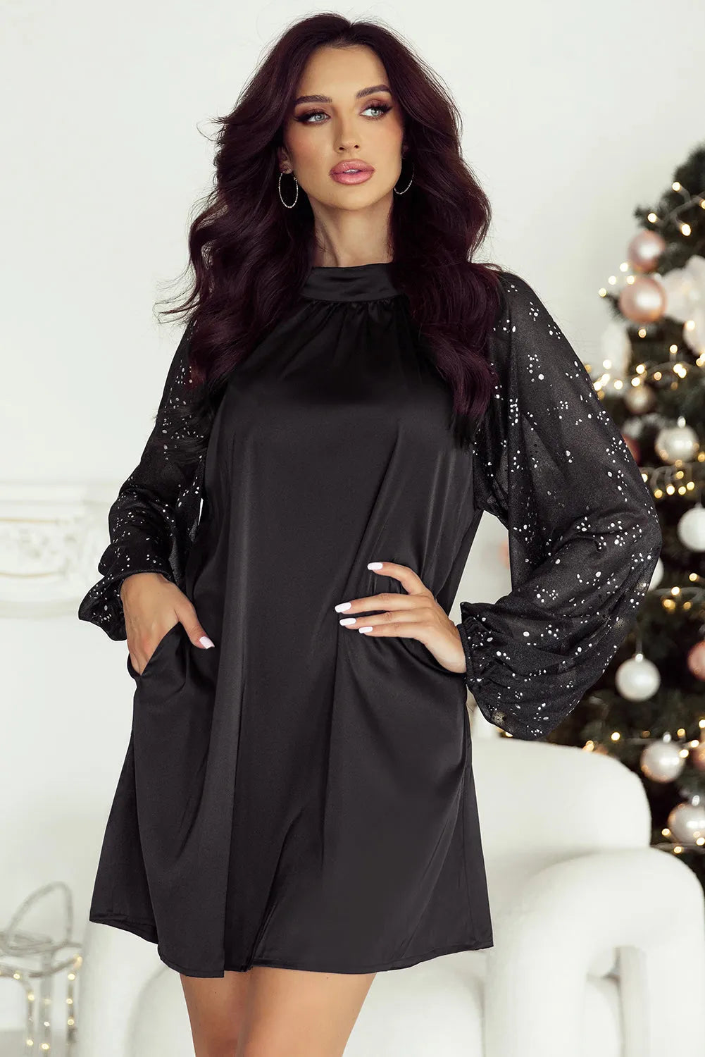 Black Glittering Mesh Sleeve Mock Neck Mini Dress - Chic Meadow Boutique 