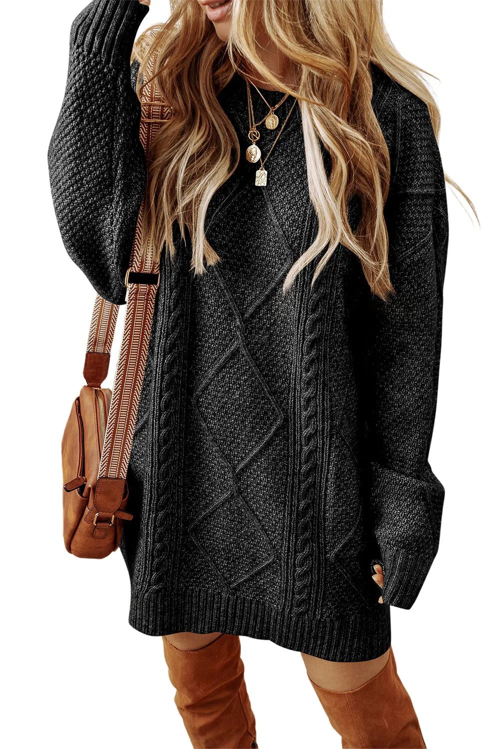 Black Cable Knit Drop Shoulder Loose Fit Sweater Dress - Chic Meadow Boutique 