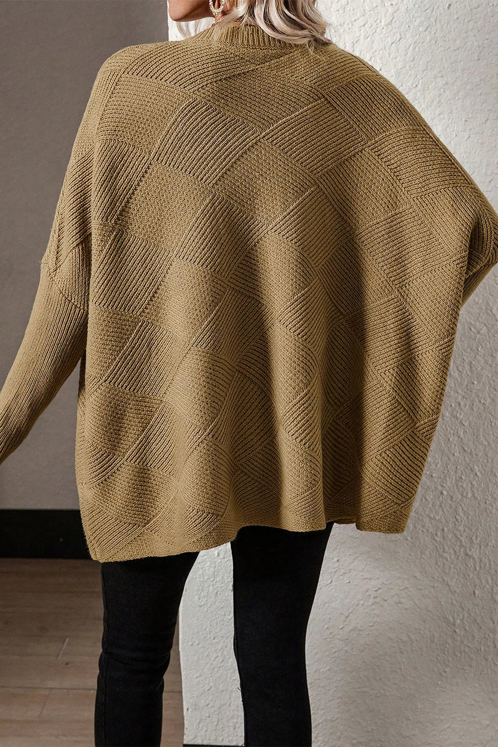 Camel Checkered Textured Batwing Sleeve Sweater - Chic Meadow Boutique 