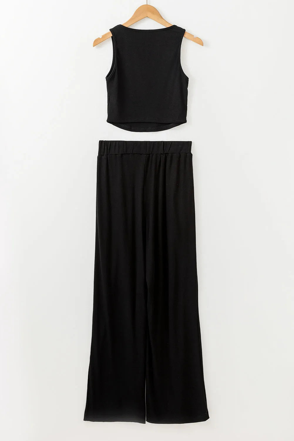 Black Textured Sleeveless Crop Top and Wide Leg Pants Outfit - Chic Meadow Boutique 