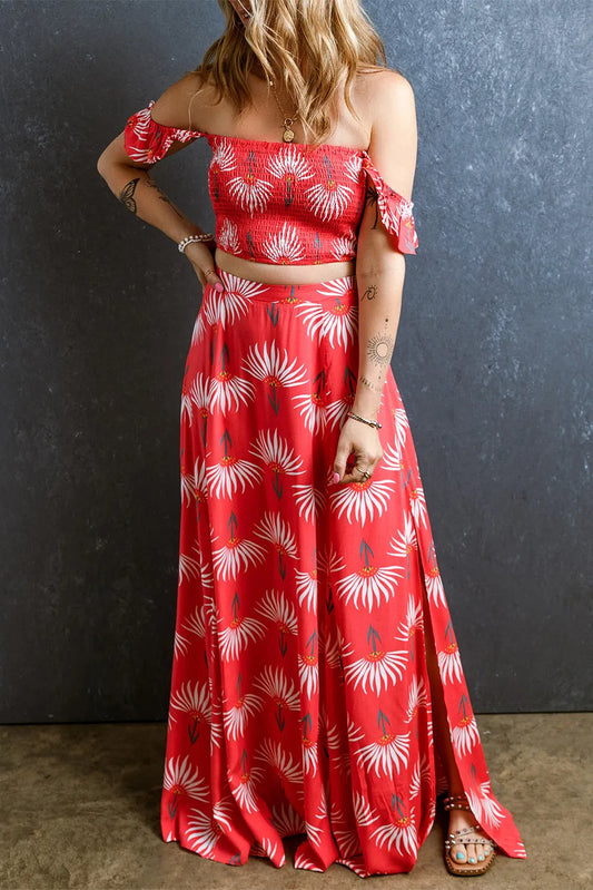 Red Floral Shirred Off Shoulder Crop Top and Slit Maxi Skirt Set - Chic Meadow Boutique 