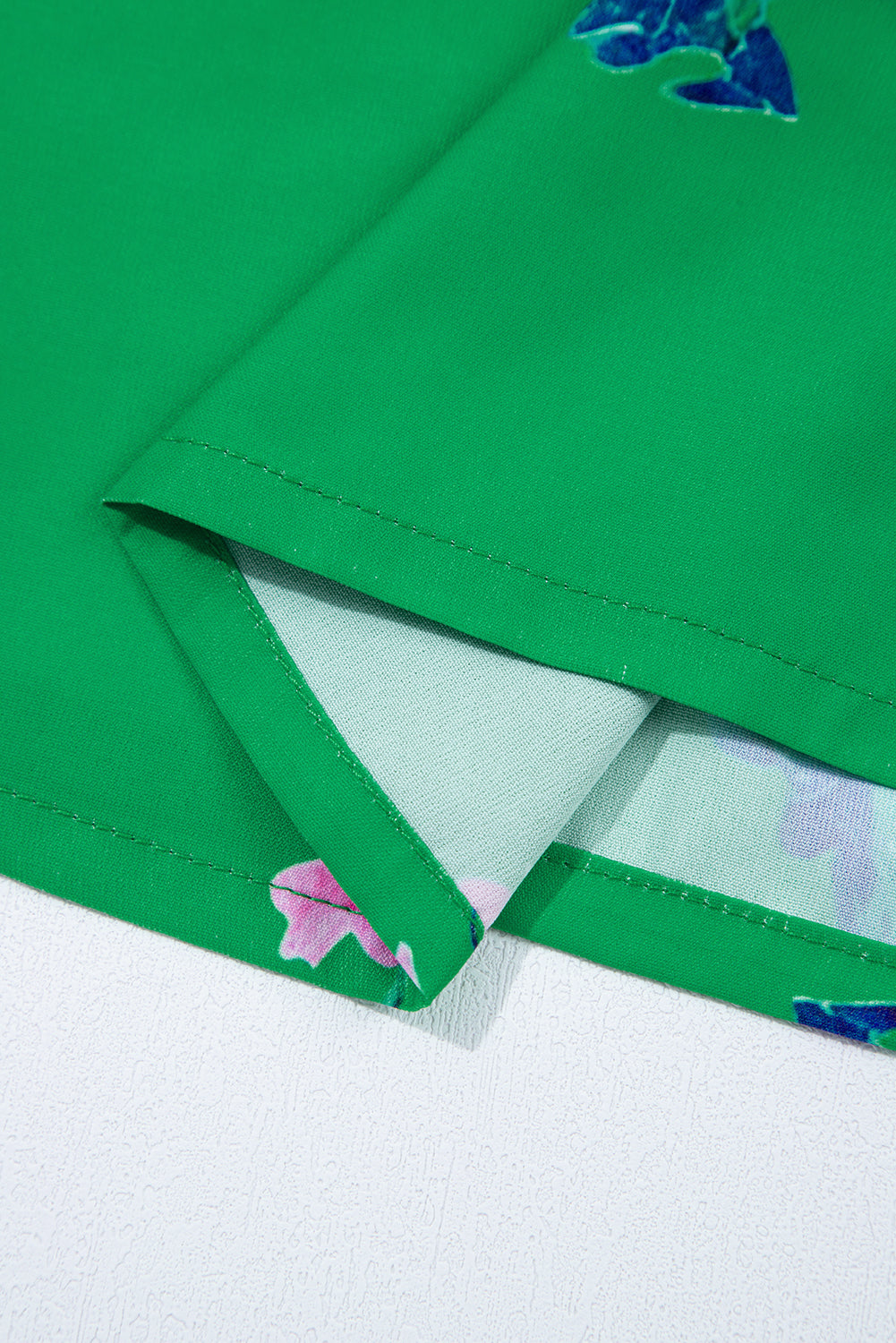 Green Floral Detail Tie Split Neck Short Sleeve Blouse