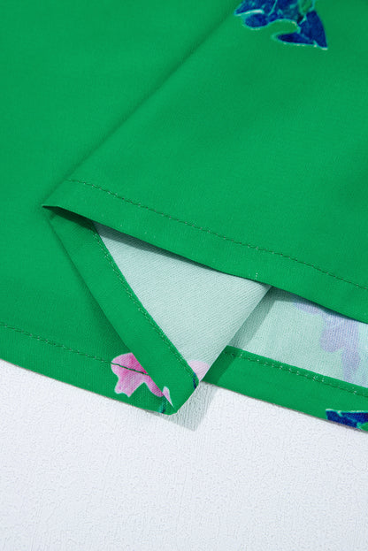 Green Floral Detail Tie Split Neck Short Sleeve Blouse