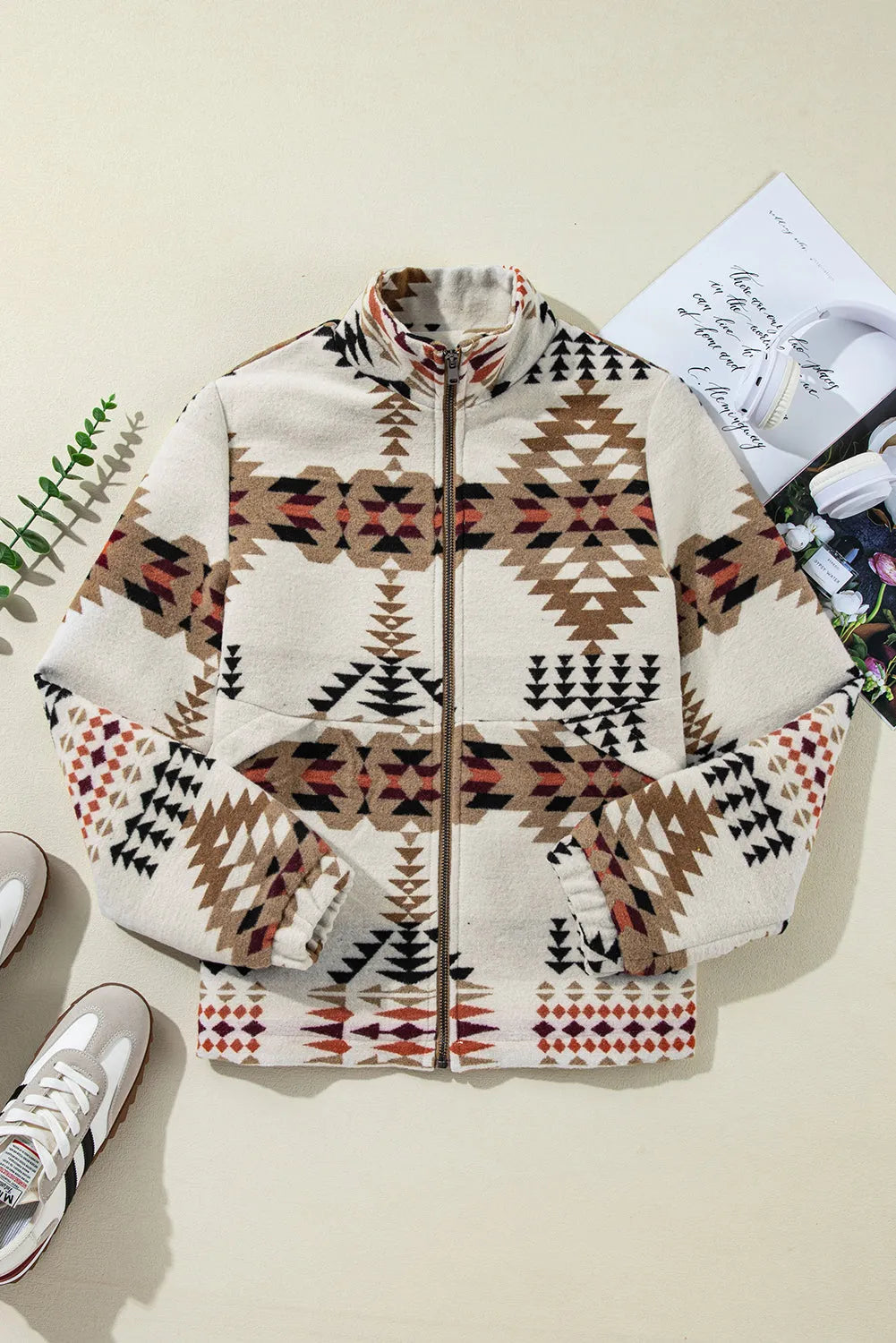 Beige Aztec Printed Stand Neck Zip Up Jacket - Chic Meadow Boutique 