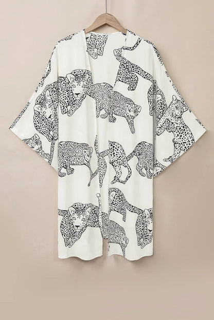 White Cheetah Print Loose Fit Open Front Kimono - Chic Meadow Boutique 