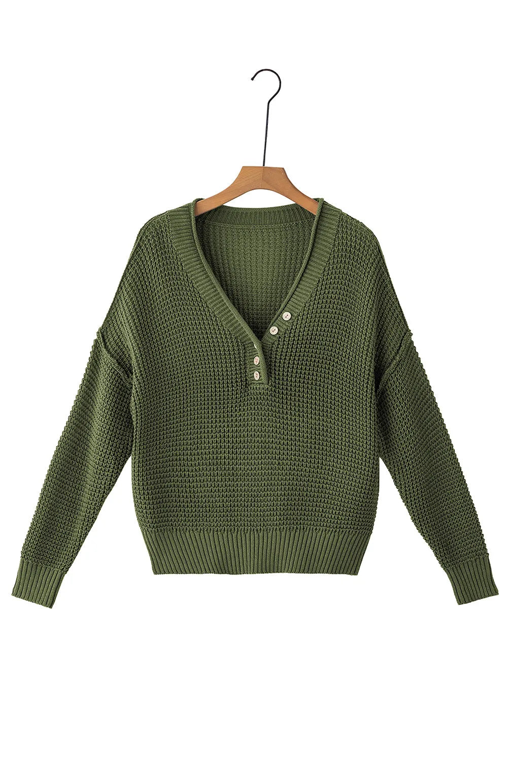 Pickle Green Pointelle Knit Button V Neck Drop Shoulder Sweater - Chic Meadow Boutique 