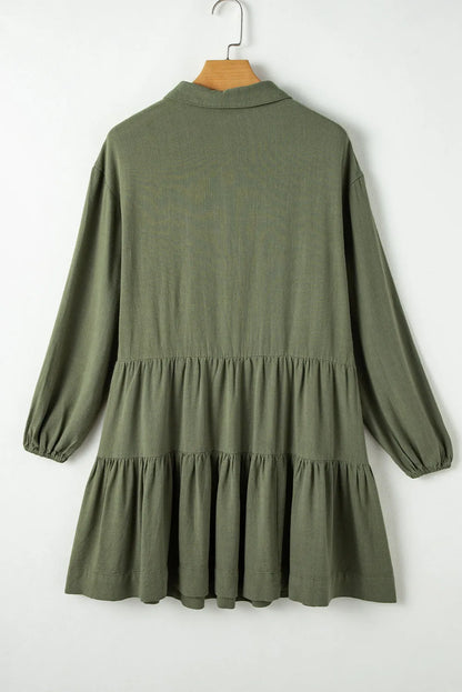 Jungle Green Puff Sleeve Buttoned Tiered Pleated Shirt Mini Dress - Chic Meadow Boutique 