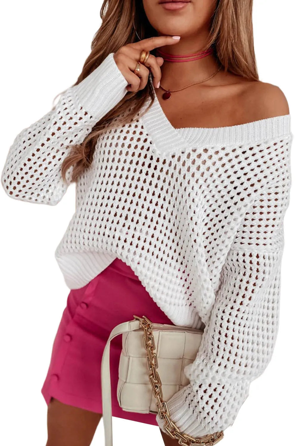 White Hollow Out Knitted Loose Fit V Neck Sweater - Chic Meadow Boutique 