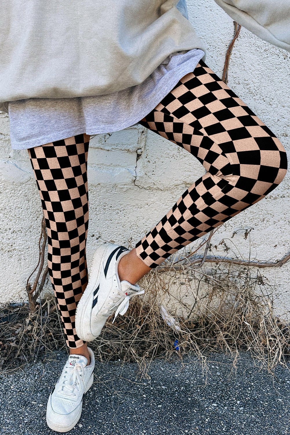 Khaki Checkered Pattern High Waist Skinny Leggings