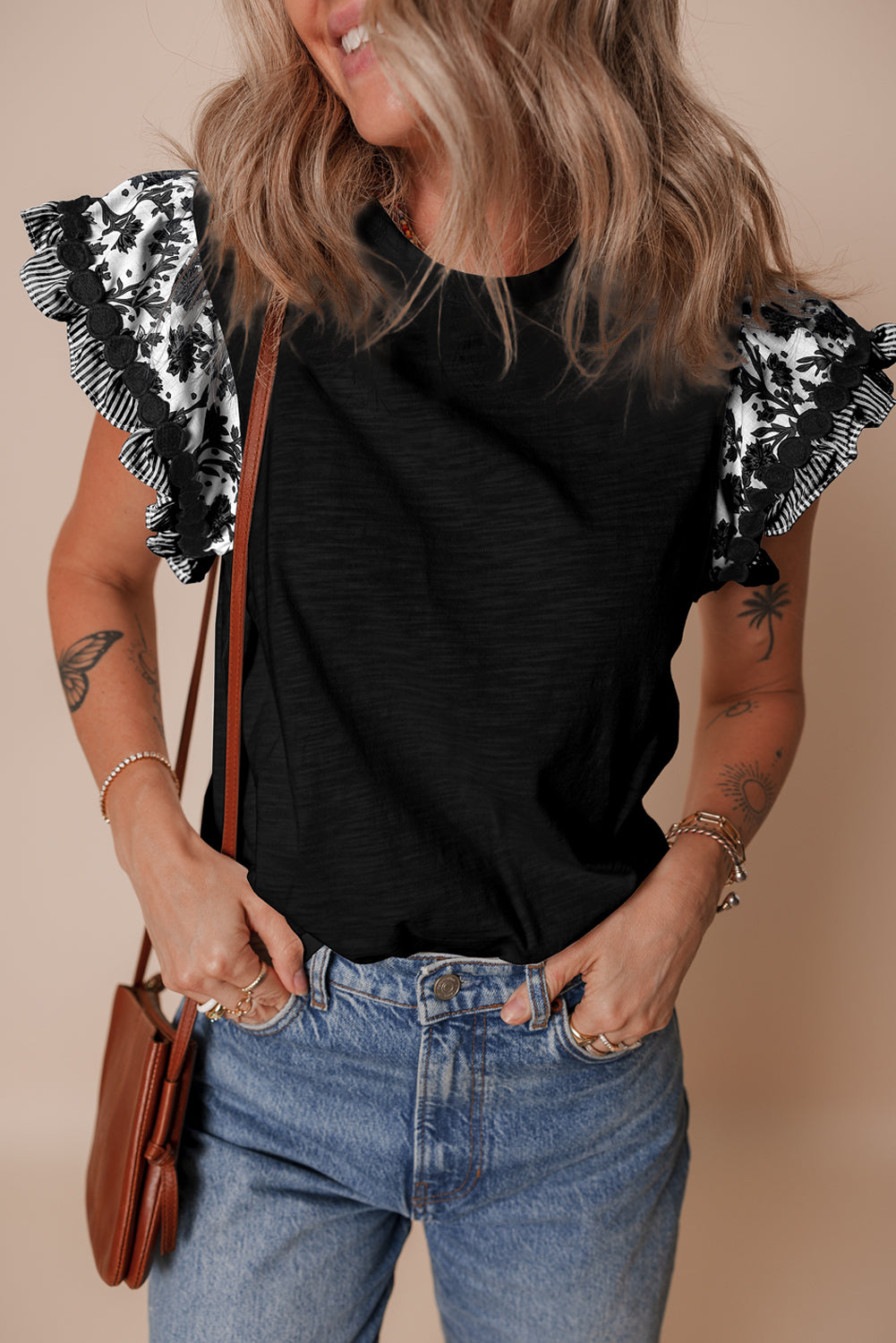 Black Ricrac Trim Printed Flutter Sleeve Contrast Patchwork Blouse