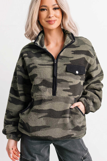 Multicolour Camouflage Fleece Half Zip-Up Long Sleeve Pocket Sweatshirt