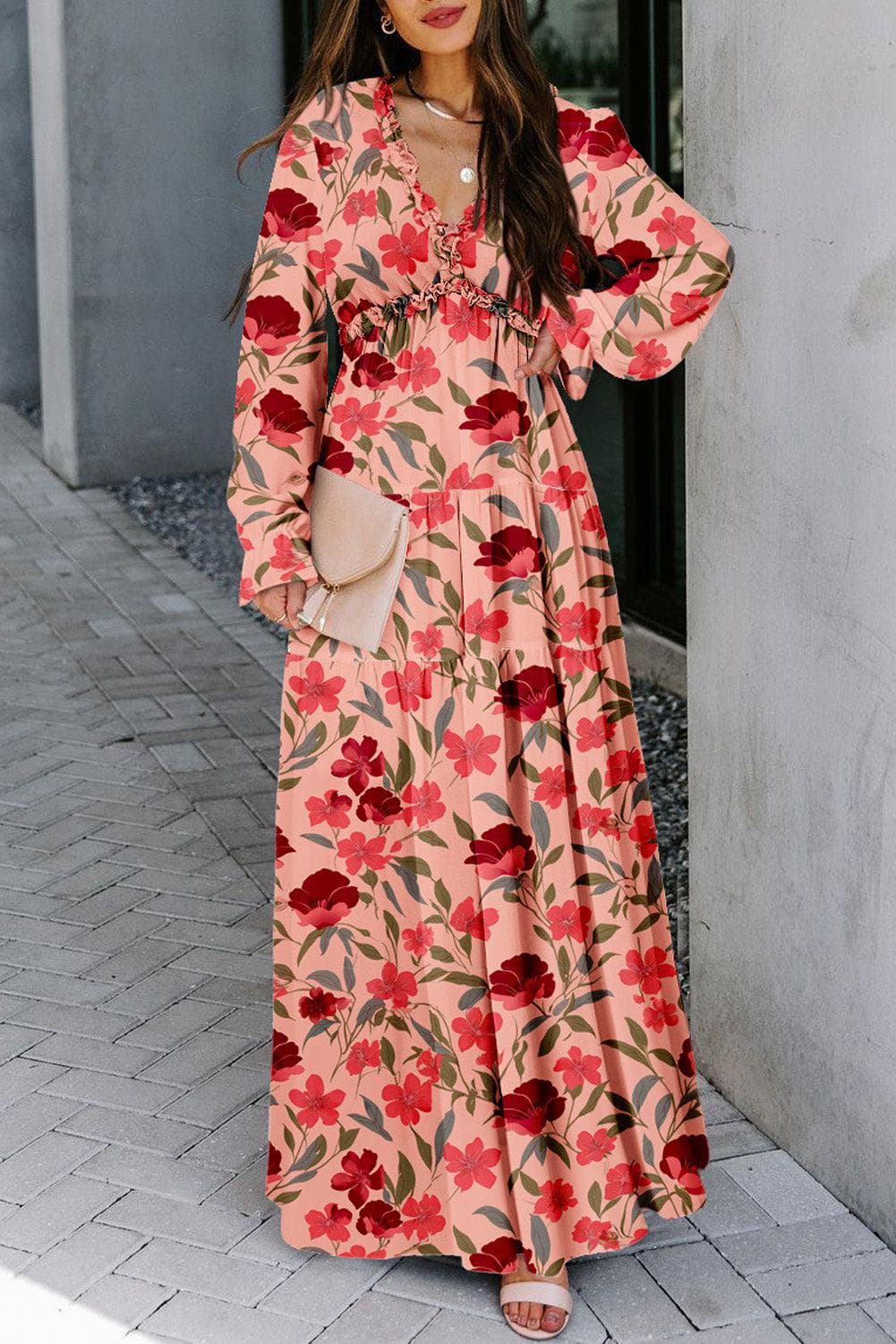 Dresses/Floral Dresses Red / S / 100%Polyester Wild Lotus Ruffle Tiered Maxi Dress