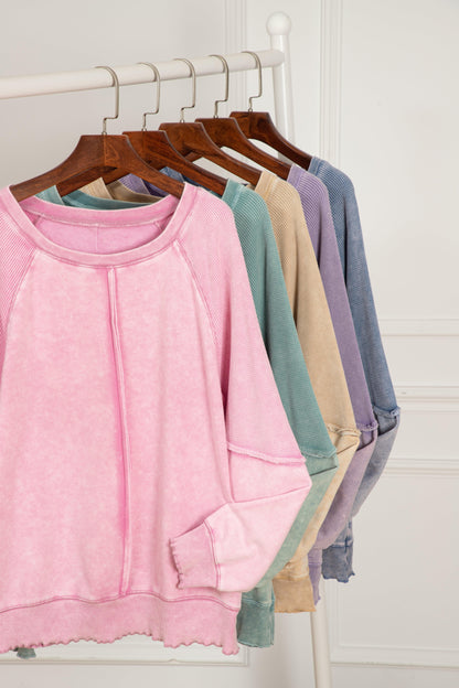 Tops/Sweatshirts & Hoodies Orchid Petal Solid Waffle Knit Patchwork Raglan Sleeve Sweatshirt